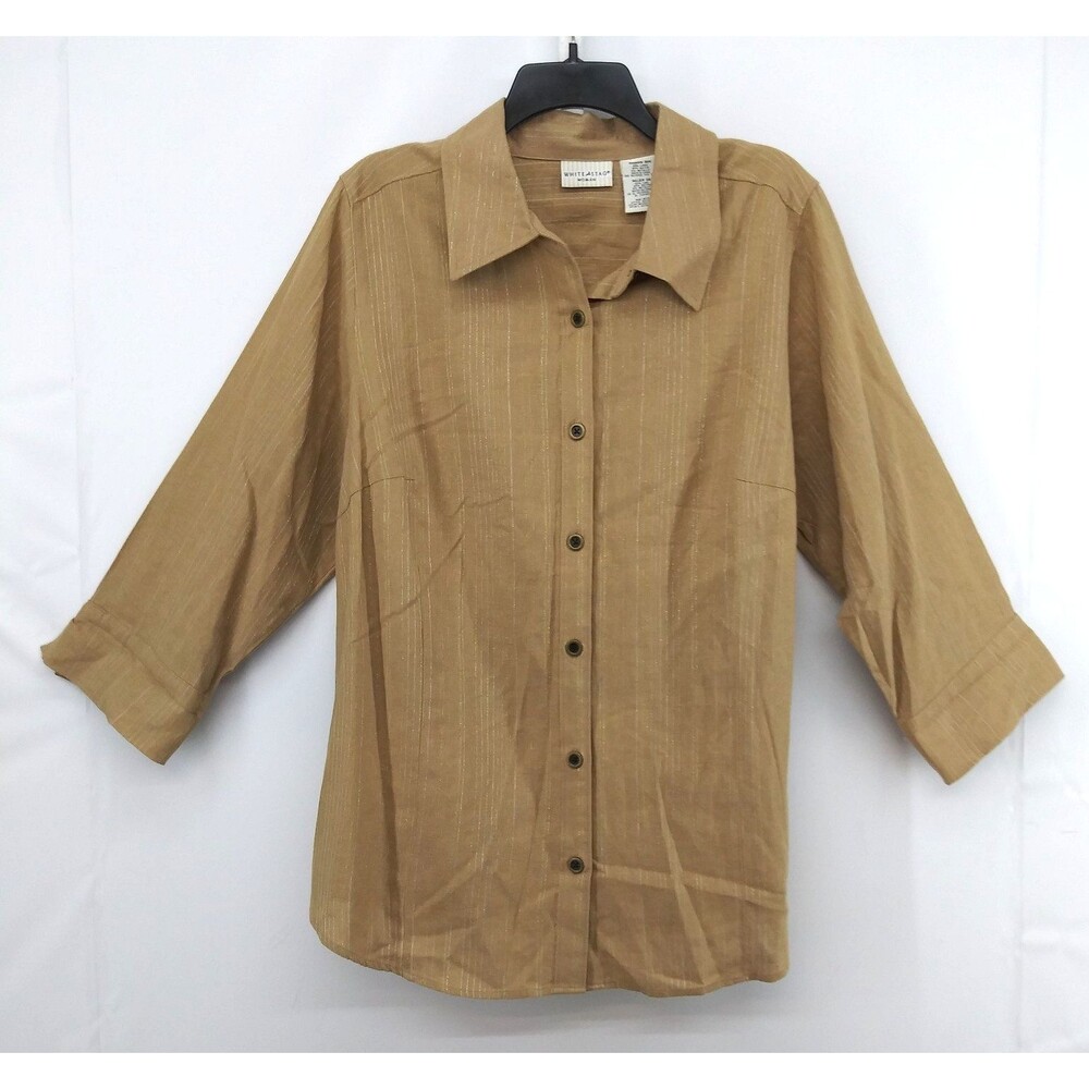White Stag Shirt Women Size 16W Brown 3/4 Sleeve Collared Button Up Linen Blend